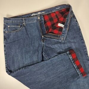 Eddie Bauer Straight Fit Jeans Mens 40x32 Blue Medium Wash Flannel Lined Denim